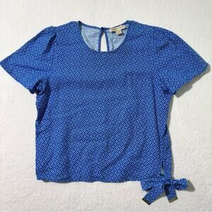 MK Michael Kors Blue Monogram Patterned Linen Side Tie Blouse Top Women's Medium